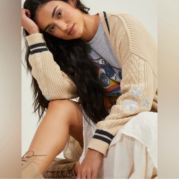 Altar'd State Folklore Cream Cardigan Sweater Cable Knit Embroidered
Stars Sz L - Picture 5 of 7